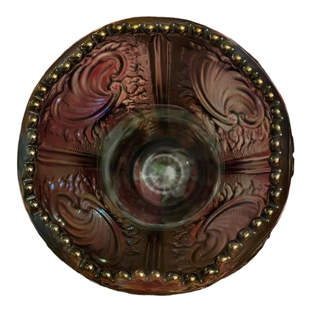 VTG Imperial Carnival Glass Scroll Flower Panels Vase Smoke Peacock 10”